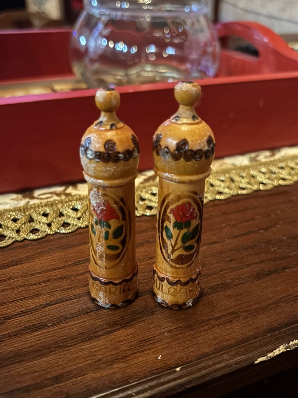 Vintage Bulgaria Hand Carved Wooden Rose Perfume Bottles Souvenir Set of 2
